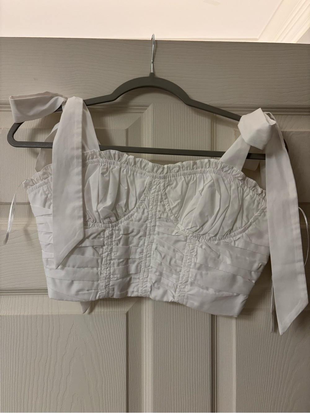 vestique White Ruched Tie-Shoulder Bustier Crop Top